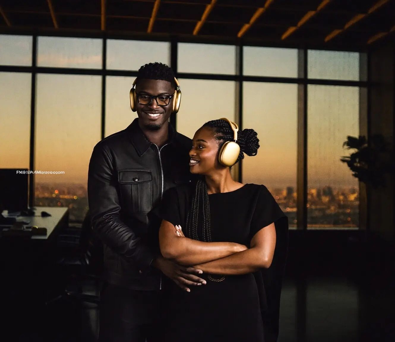 A Nigerian man and woman at work, headphones on
